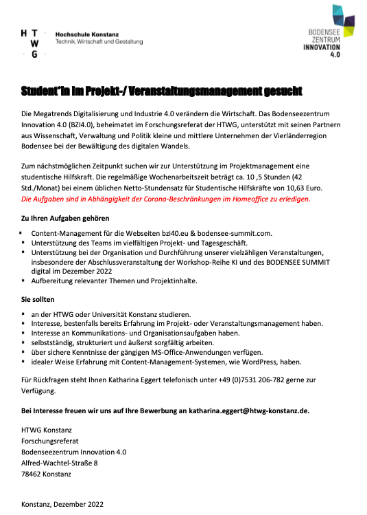 Wir suchen ein/e Student*in im Projekt- und Veranstaltungsmanagement für unser Team!

Weitere Informationen finden Sie hier: bit.ly/3EQKQV5