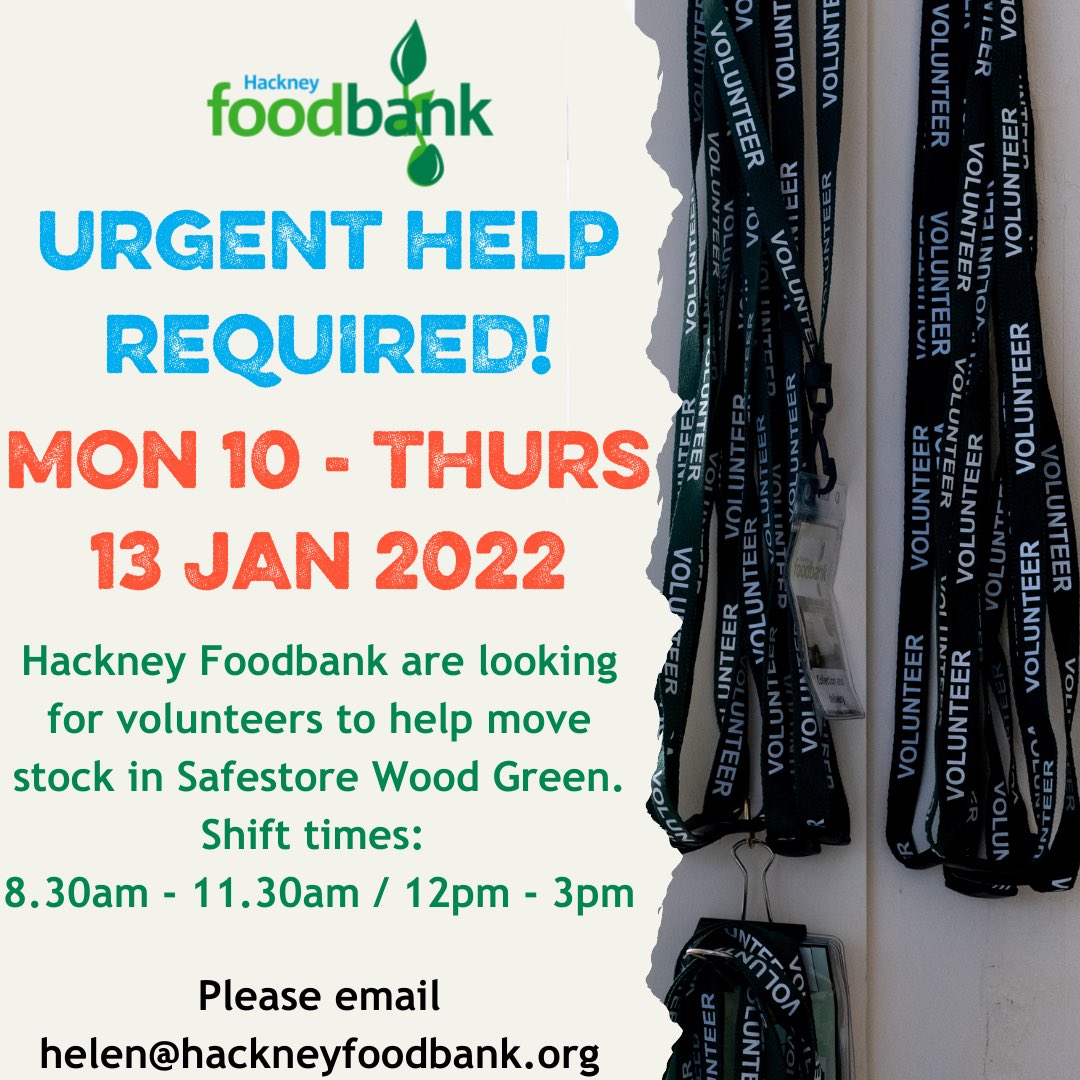 🙏URGENT HELP REQUIRED NEXT WEEK MON 10 - THURS 13 JAN🙏

Hackney Foodbank requires help to move stock around from pallets onto other pallets. Please note there will be a lot of bending involved. 

Shifts times: 8.30am-11.30am &amp; 12pm-3pm. Please email helen@hackneyfoodbank.org