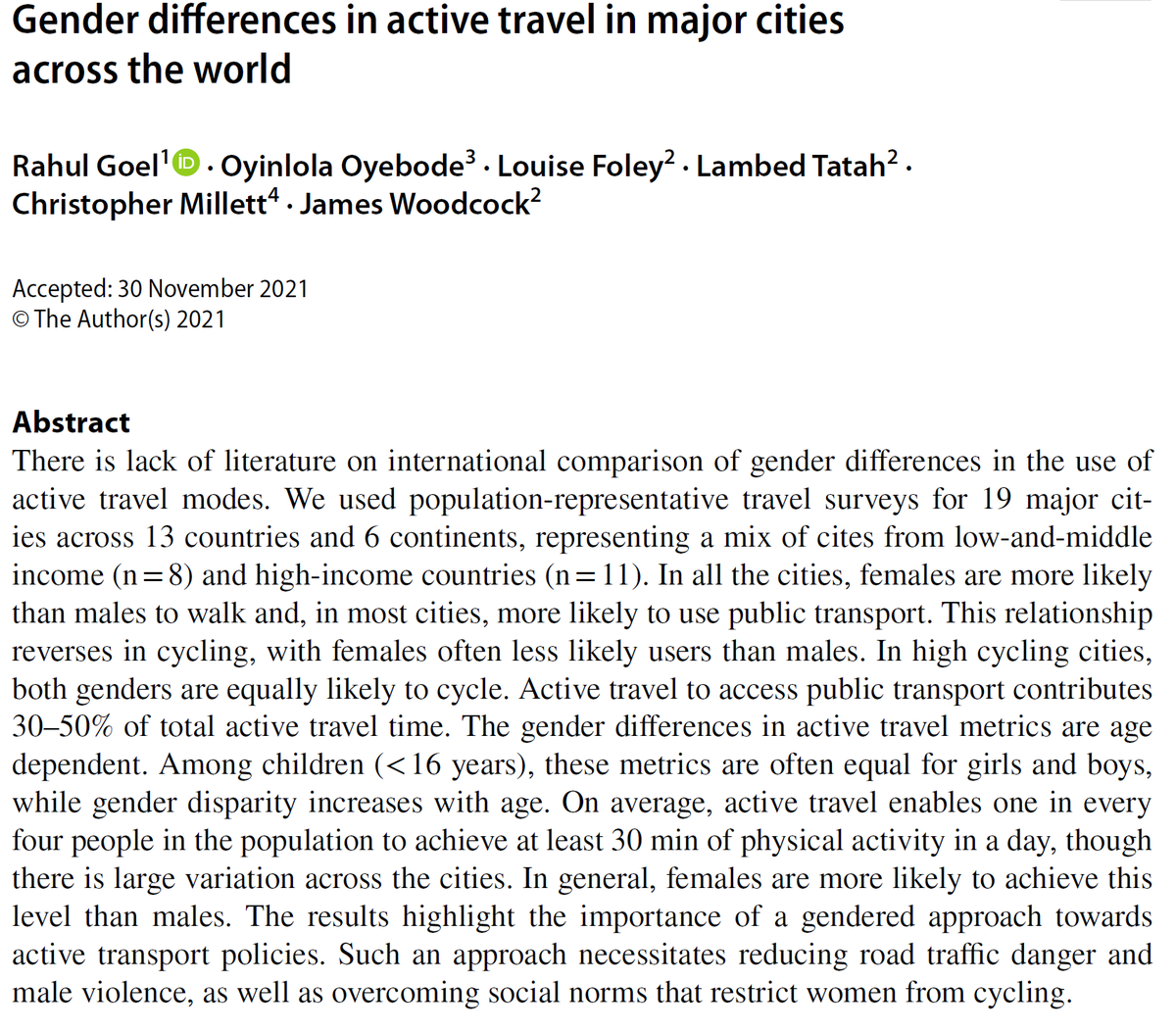Rahul (@rahulatiitd) on Twitter photo Pleased to share our #openaccess paper in <a href="/TransportJrnl/">Transportation Journal</a> We report #gender differences in active travel in major cities across the world, how these differences vary by age, and the types of travel modes that contribute to activity. link.springer.com/article/10.100… Pleased to share our #openaccess paper in <a href="/TransportJrnl/">Transportation Journal</a> We report #gender differences in active travel in major cities across the world, how these differences vary by age, and the types of travel modes that contribute to activity. link.springer.com/article/10.100…