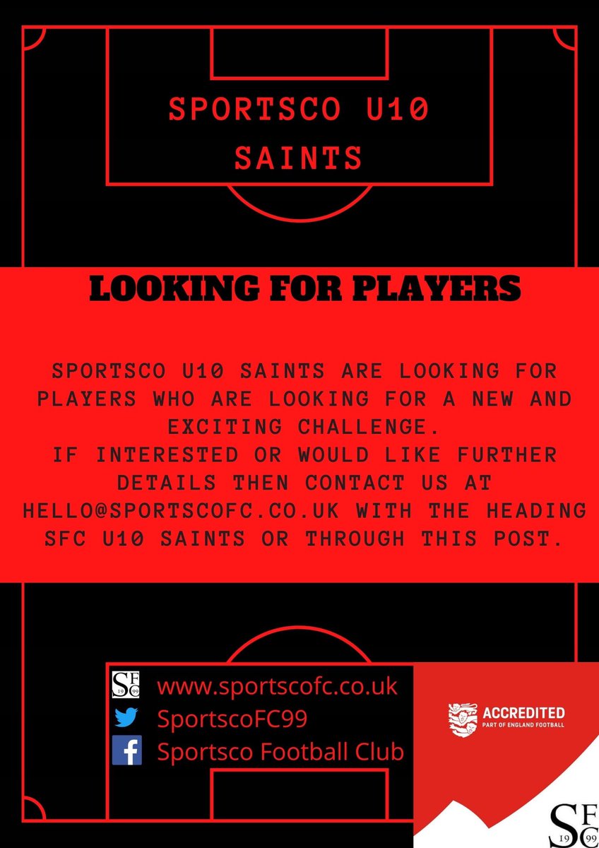 Sportsco Saints U10s are on the lookout for players.   

If your child is looking to play for the first time or fancies a new challenge then please get in touch with us at hello@sportscofc.co.uk with the heading SFC U10 Saints or through this post.