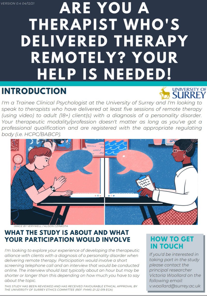 If you're a therapist who has delivered remote therapy to clients with a diagnosis of a personality disorder please consider taking part in my doctoral research! #psychologyresearch #remotetherapy #clinicalpsychology #therapy #psychtwitter <a href="/UoSPsychD/">Clinical Psychology at Surrey</a>