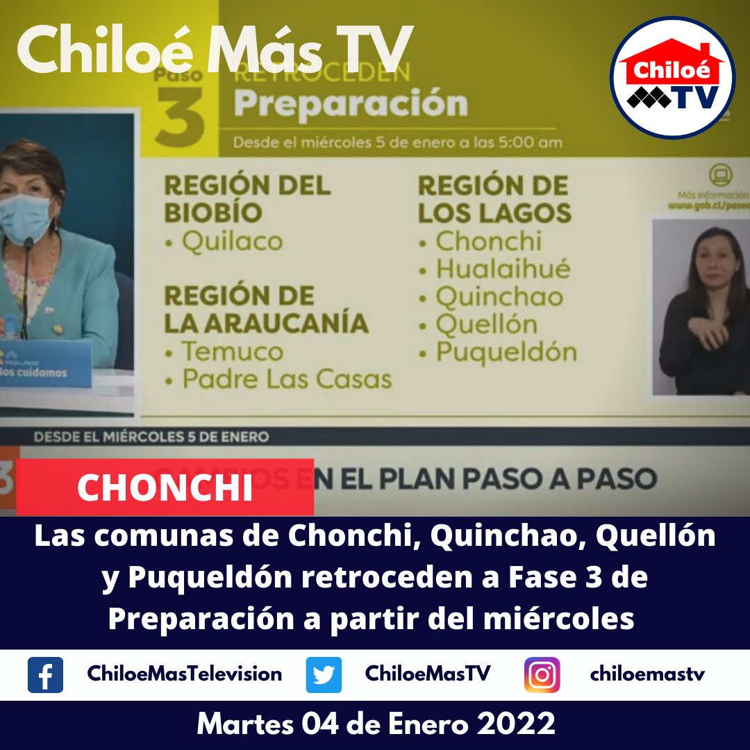 ChiloeMasTV's tweet photo. #chonchi #quinchao #quellon y #puqueldon retroceden a Paso 3 Preparación a partir del miércoles. https://t.co/lYE0AWtLsW