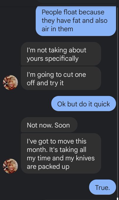 My sister texting me last night asking me if dicks float and I wish I was stoned with her so bad. https://t<a href="/tag/ripbettywhite"class="tags"><span>#ripbettywhite</span></a>