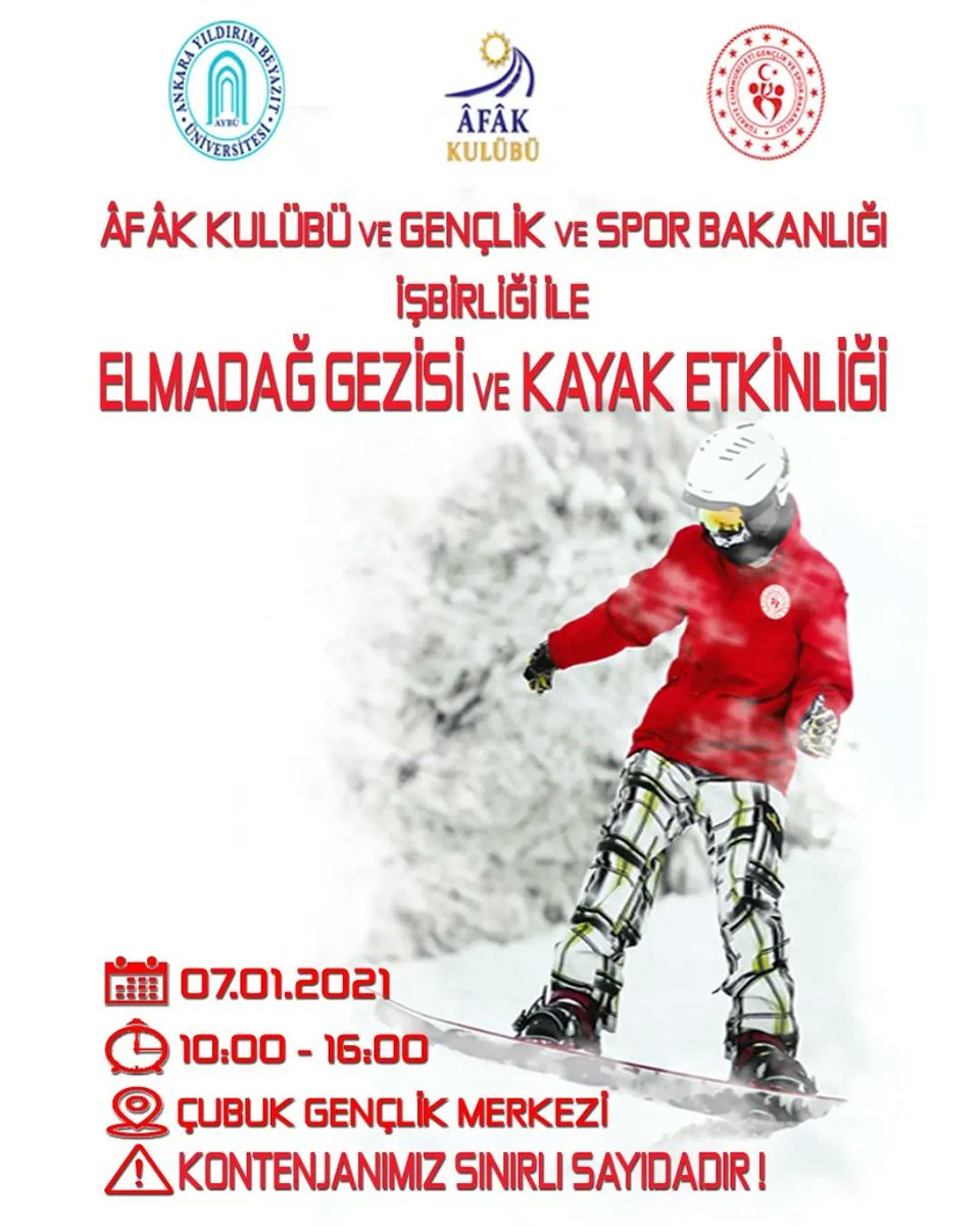 • Yepyeni bir etkinlikle karşınızdayız 🎊🥳 

Âfâk Kulübü olarak 7 Ocak Cuma günü Gençlik ve Spor Bakanlığı ile ortak çalışmamız sonucu Elmadağ Kayak Merkezine düzenleyeceğimiz kayak etkinlikliğimizde siz değerli üyelerimizi aramızda görmeyi çok isteriz.. 🤩☺️