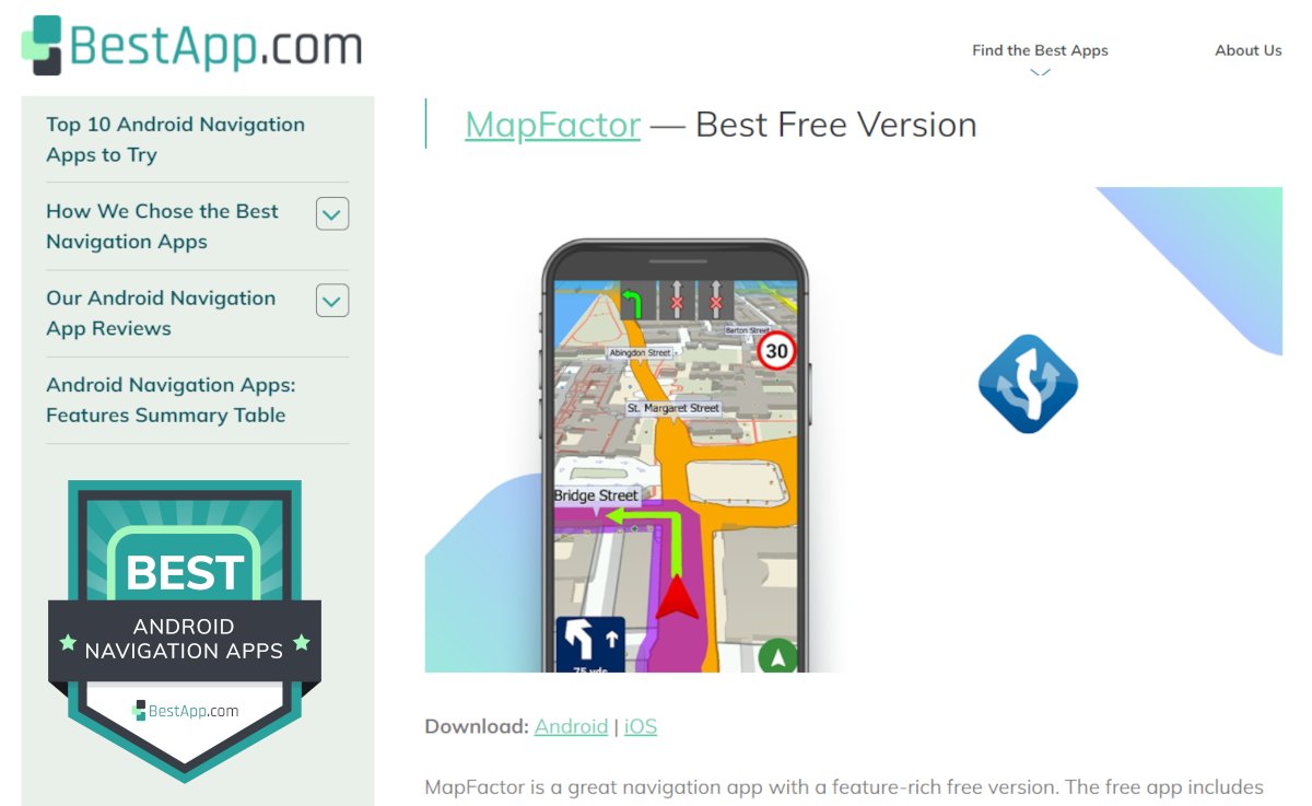 mapfactor's tweet image. 🥳 MapFactor Named Best Android Navigation App of 2021 by BestApp.com 🥳
We are very pleased that the platform ranked Navigator &quot;Best Free Version&quot; among the most reliable solutions for #Android users to get around.
bestapp.com/best-android-n…

#gpsnavigation #Travel