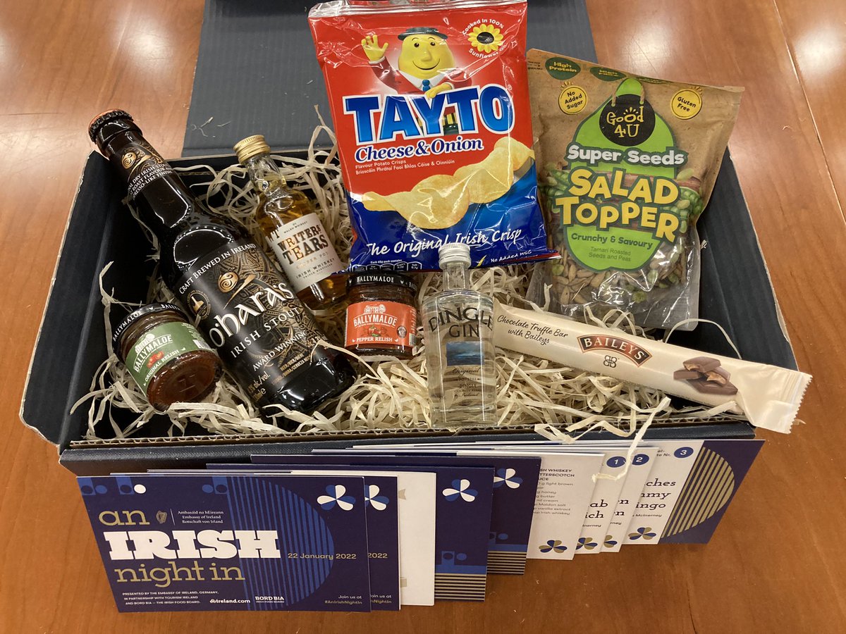 irlembberlin's tweet photo. Register by 12.00 CET Mon 10 Jan for a chance to win An Irish Night In gift box 

Winners will receive a box full of 🇮🇪 treats with game-cards &amp; recipes

Register here https://t.co/yS8vITvIc5 and maybe you’ll enjoy some great Irish fare during our Irish Night In on Sat 22 Jan ☘️ https://t.co/67n9kEXwny
