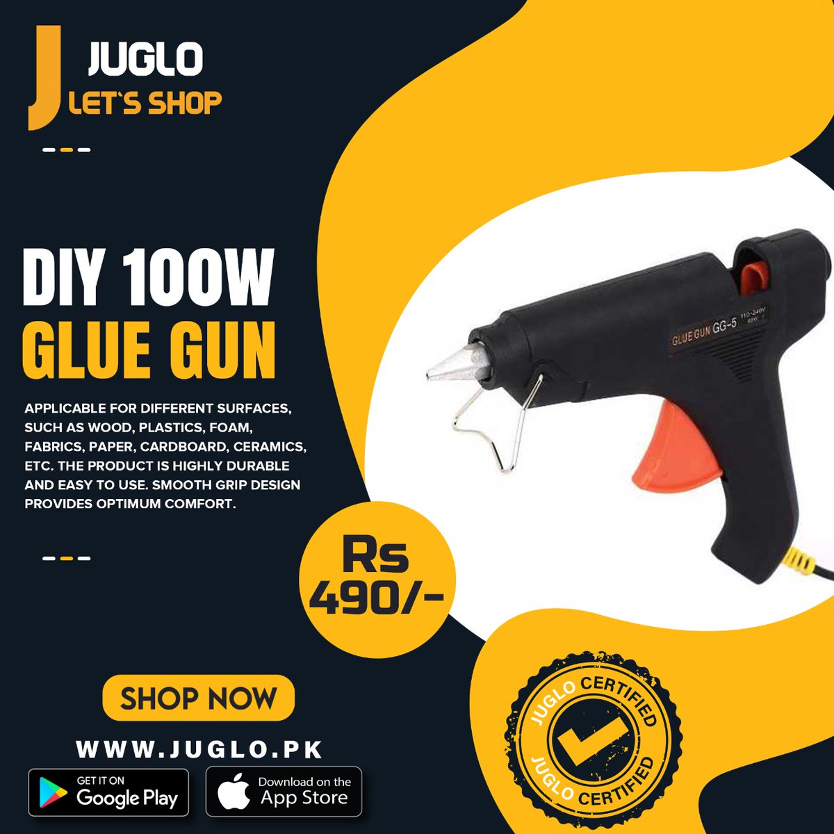 Hot Glue gun is a very handy tool for art and craft lovers. It is economical, easy to use and helps in repairing things such as jewelry, decoration pieces, and so on...
juglo.pk/large-diy-100w…
#juglopk #shopping #onlineshopping #glue #gluegun  #craftaddict #art #repair