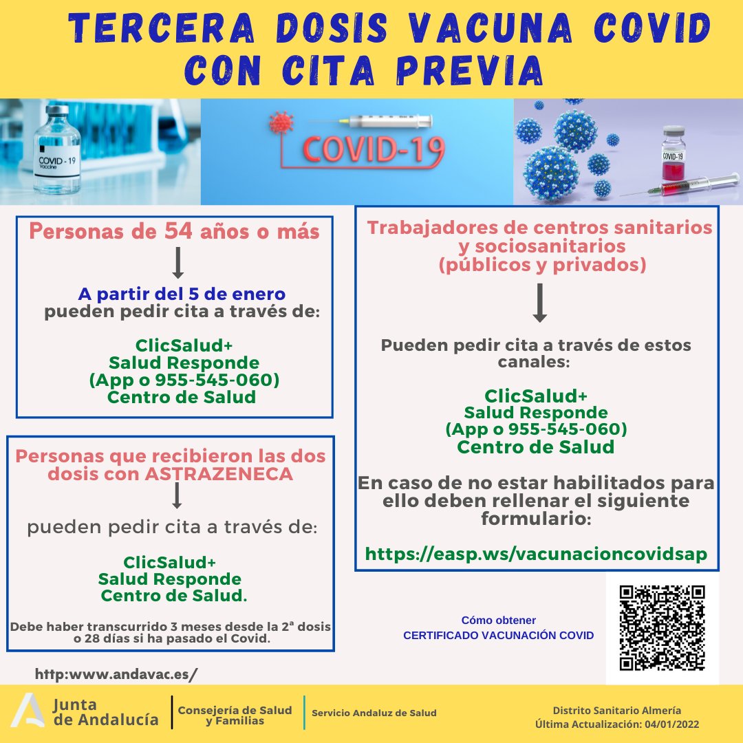 DAPAlmeria's tweet photo. A partir de mañana, 5 de enero, las personas de 54 y 55 años podrán solicitar cita previa para recibir la 3ª dosis de vacuna contra el COVID-19.
 #yomevacunoporamor #vacunacioncovid19 #AndaluciaSeVacuna #YoSiMeVacuno @AlmeriaJunta @DiarioDAlmeria   @AndaluciaRELAS @RedGuadalinfo https://t.co/rEm2MBf0sw