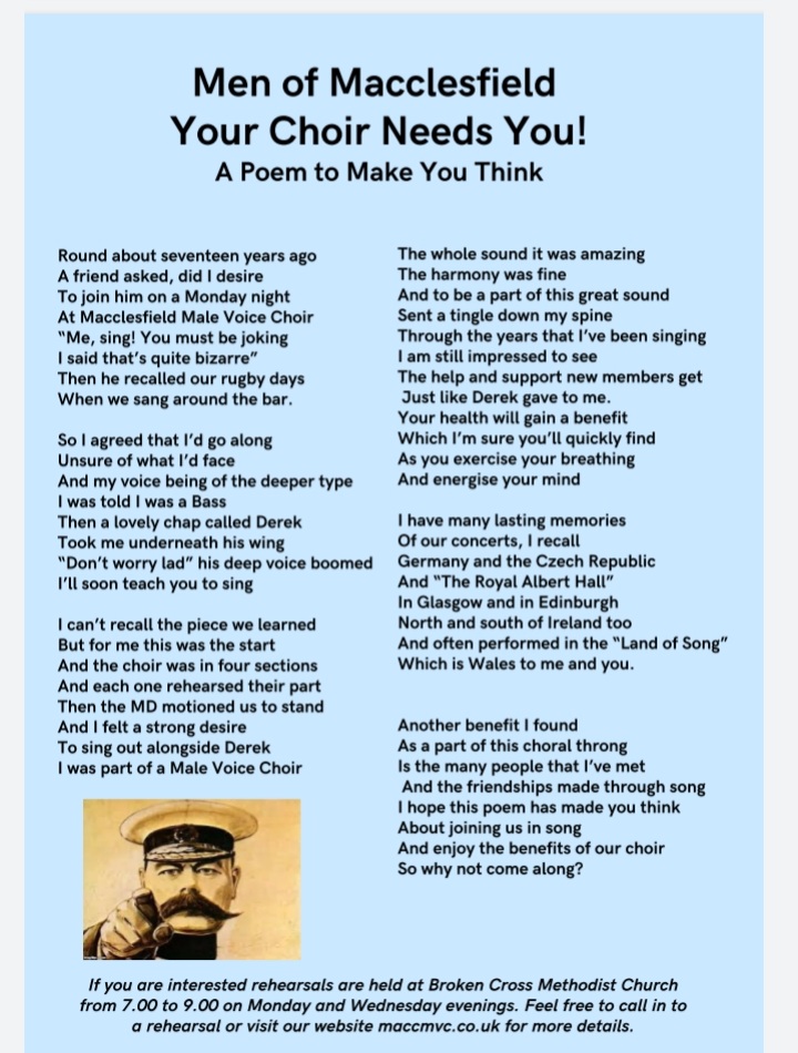 MacclesfieldM16's tweet photo. Accept this poem by John Robinson as our invite for you to join our rehearsals
#Macclesfield #lovemacclesfield #Wilmslow #Poynton #Cheshire #KeepitMacc #choir #singing #wellbeing https://t.co/ujNVIfY769