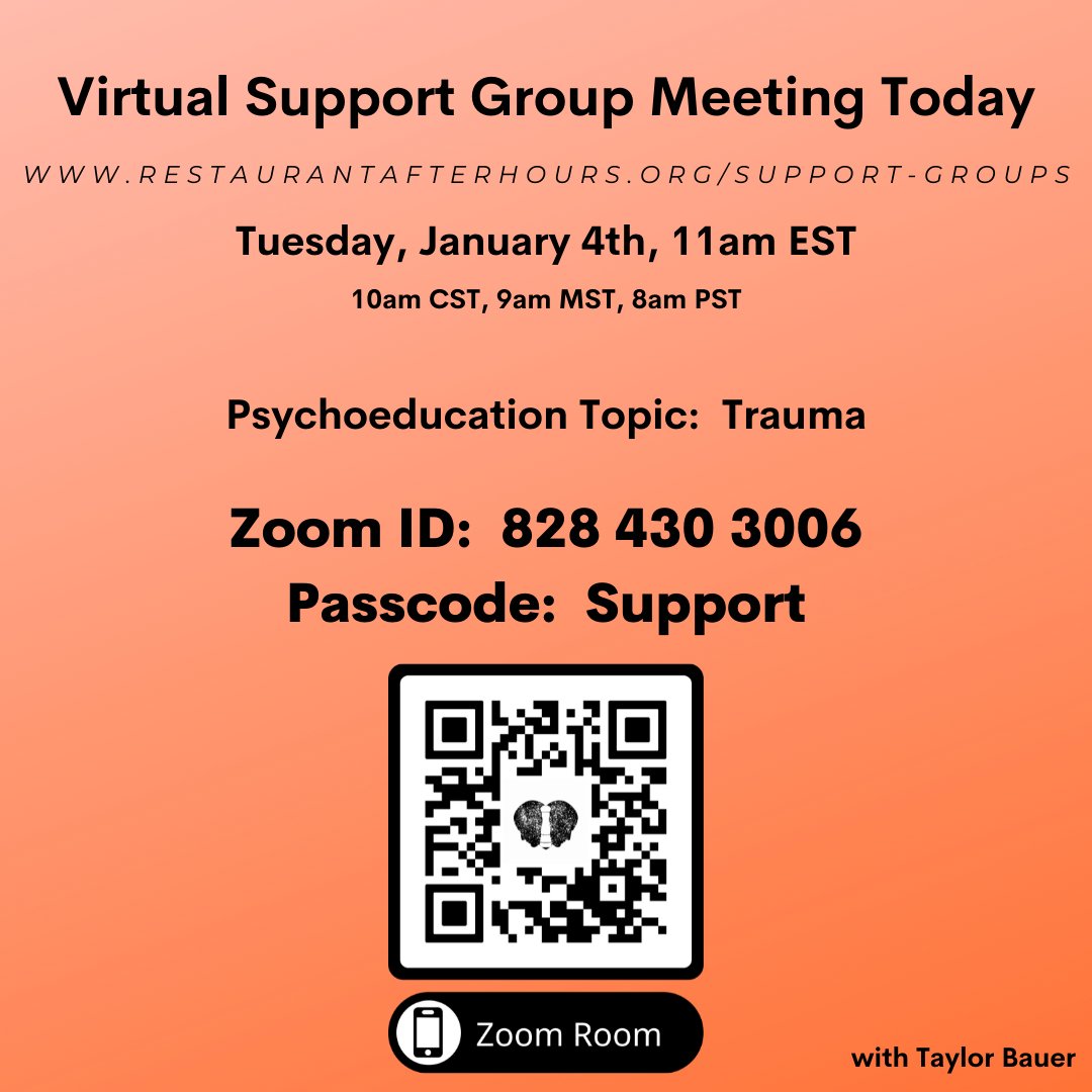 One-click zoom link:
us06web.zoom.us/j/8284303006?p…

Restaurant After Hours' Virtual Support Group will be meeting today, Jan 4th, at 11am EST.  

This meeting will focus around Trauma with Taylor.

We hope to see you later this morning.

restaurantafterhours.org/support-groups…
