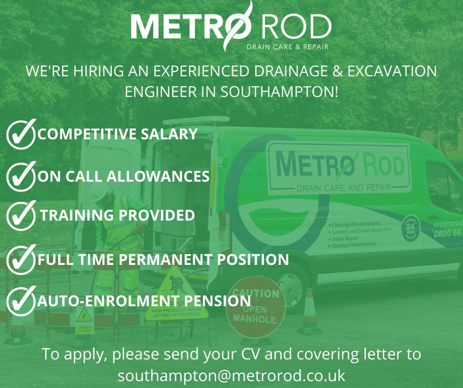 Metro Rod Southampton (@metrorodsouth) on Twitter photo 🔄*PLEASE RT*🔄
We're hiring an experienced drainage & excavation engineer!
✅Full Time, Permanent Position
✅Competitive Salary
✅Training Provided
✅On Call Allowances
✅Auto-Enrolment Pension
To apply, please email your CV to southampton@metrorod.co.uk
#MetroRod #Southampton 🔄*PLEASE RT*🔄
We're hiring an experienced drainage & excavation engineer!
✅Full Time, Permanent Position
✅Competitive Salary
✅Training Provided
✅On Call Allowances
✅Auto-Enrolment Pension
To apply, please email your CV to southampton@metrorod.co.uk
#MetroRod #Southampton