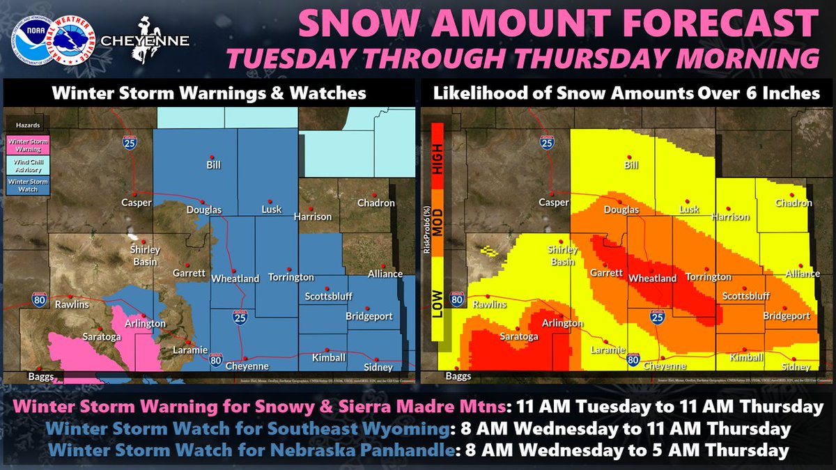 NWSCheyenne's tweet photo. 6 AM 1/4 – Lots of weather!
💨High Wind Warnings - Now to 5 PM
❄️Winter Storm Warnings/Watches - The area highlighted in 🟠&🔴 are most likely to see snow totals > 6 in. Areas in 🟡 are more likely to see 2-5 in
📱Forecast: https://t.co/ekqudn4mqx
#WYwx #NEwx #WYOroad #NEroad https://t.co/34wJQ6pt28