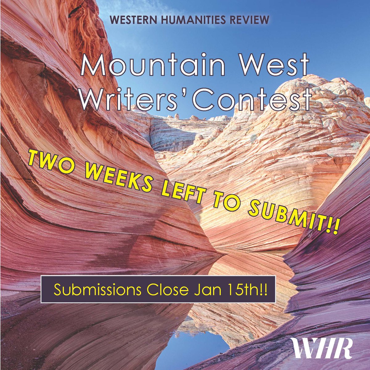 WH_Review's tweet image. Only two weeks left to submit your work! Submissions close at 11:59pm MST on January 15th!!!

Prizes will be awarded in poetry and prose. Winners will receive cash awards of $500 and publication in the Winter 2021 issue of Western Humanities Review.