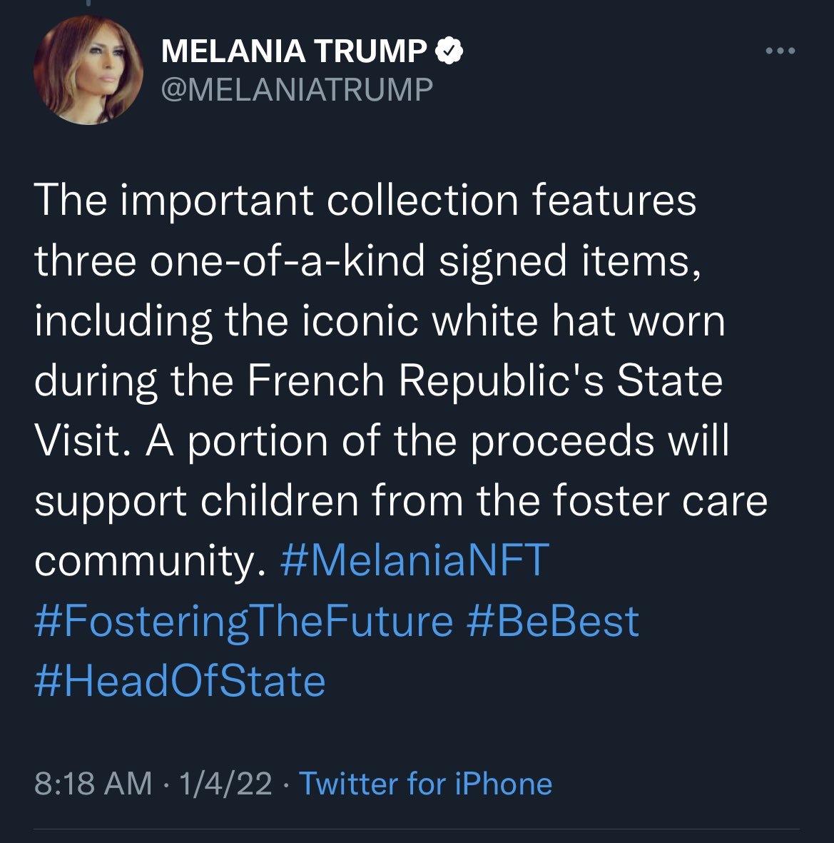 RonFilipkowski's tweet photo. Melania Trump today is auctioning off the hat she wore when she met French President Macron. Autographed. “A portion of the proceeds” to charity. https://t.co/YV9vrocVi5