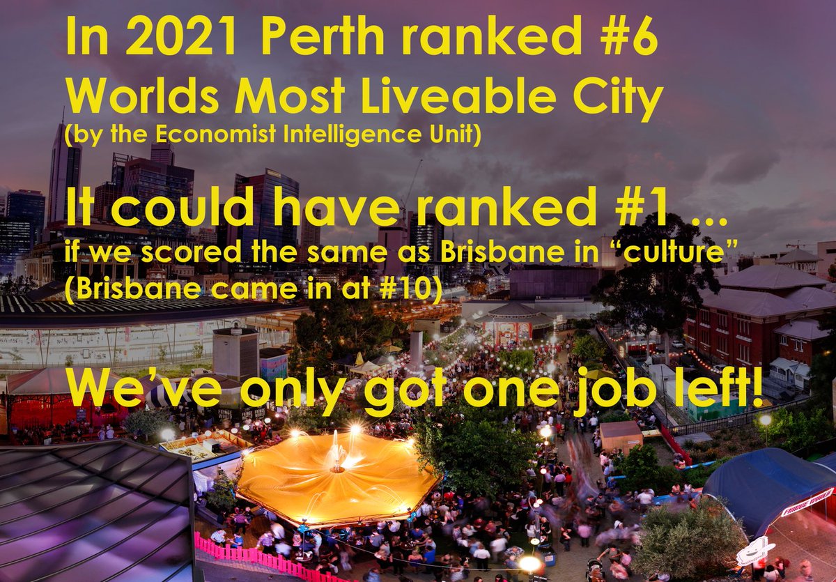 We’ve only got one job left…
#Perth has already ticked every other box to qualify as the Worlds Most #Liveable City … except culture. 
Number 1 standing is in our grasp!