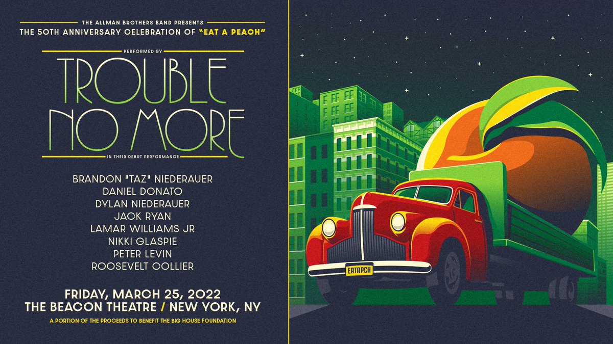 Allman Brothers Band invites you to join us in NYC and celebrate the 50th Anniversary of Eat A Peach. with the Trouble No More Band:  Friday March 25th @beacontheatre NYC.  Presale Jan 4 10AM ET: presale code: PEACH50  go.seated.com/events/a3a389e…