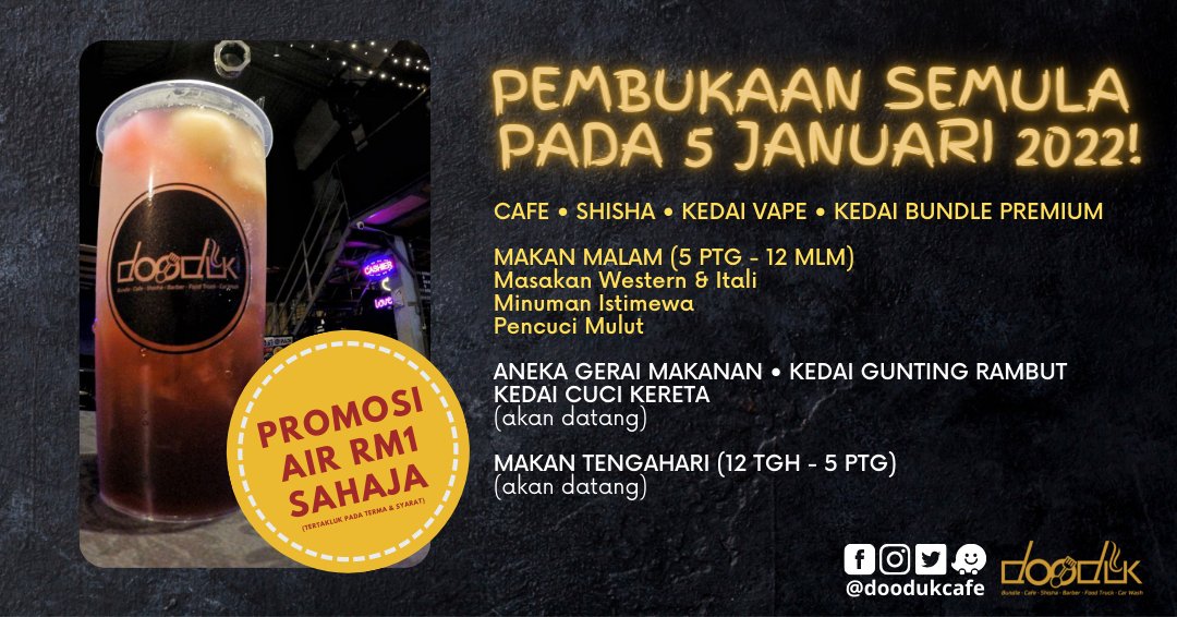 doodukcafe's tweet photo. Sepertimana ramai yang tahu, kami Dooduk Cafe juga antara mangsa yg terkena musibah banjir. 🤲

Kini kerja pembersihan telah membuahkan hasil dan @doodukcafe akan kembali beroperasi bermula esok Rabu, 5hb Januari! 😃

#jomdooduk https://t.co/QaaWKXTAED