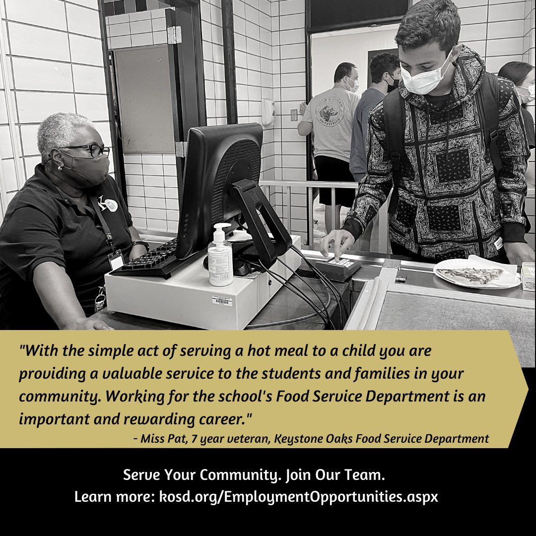 Join our Food Service staff, with employees like Miss Pat, who take incredible pride in the important role they play in serving Keystone Oak students and families. 💛🦅🤍

Learn more: kosd.org/EmploymentOppo…

#KOProud