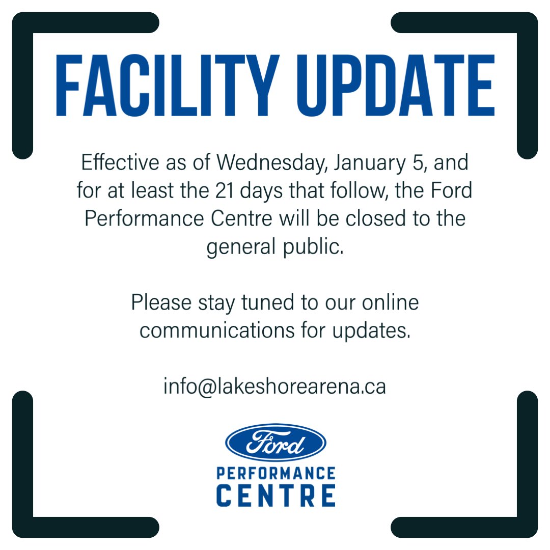 Effective as of Wednesday, January 5, the Ford Performance Centre will be temporarily closed to the general public.

Please stay tuned for any updates.

#FordPerformanceCentre
