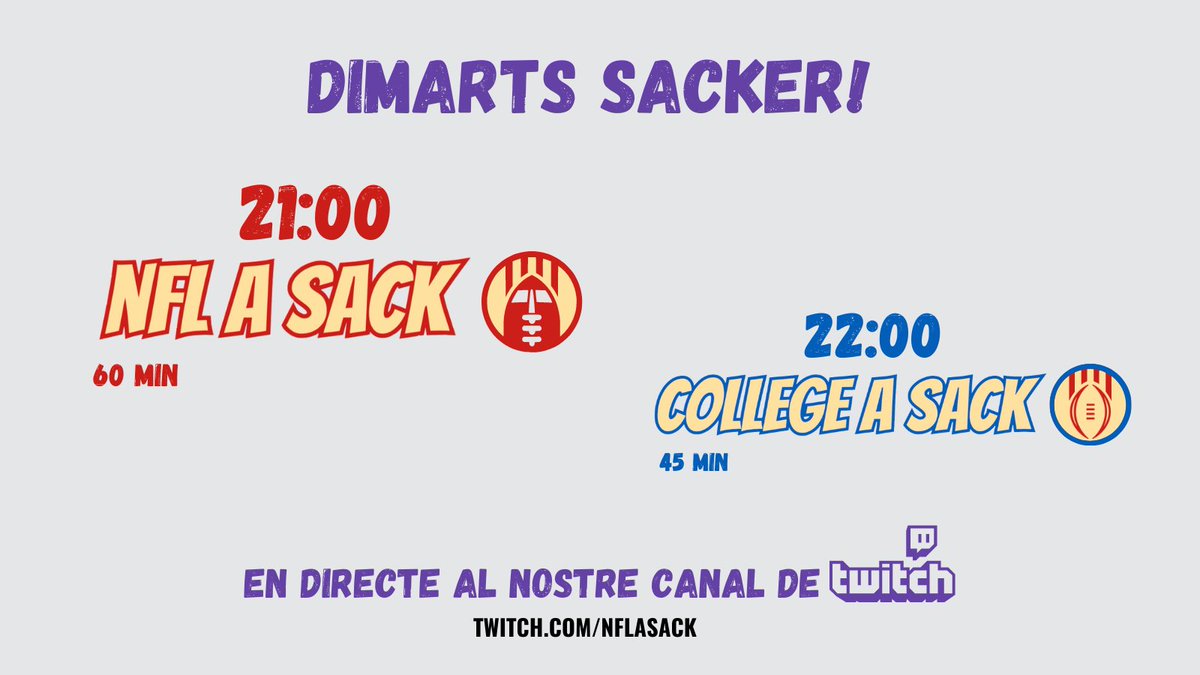 CollegeaSack's tweet photo. 🚨 El directe d'avui serà a les 22h🚨
A les 21h el torn de @NFLaSack i després els "mendas" 😎
Com sempre pel canal de #twitch del #Sackerisme
#DimartsSacker https://t.co/mGqfa8KAMq