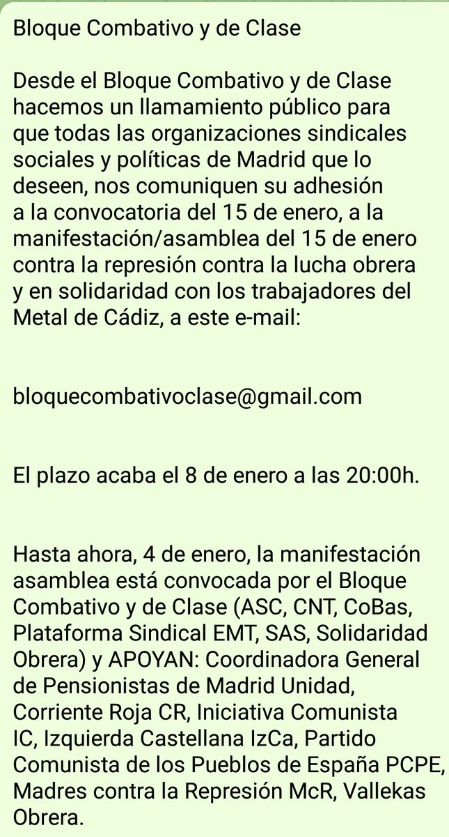 CombativoBloque's tweet photo. Abierto plazo de adhesiones a la convocatoria de la Manifestación Asamblea del 15 de Enero. (17:30h Portazgo a Plaza Vieja de Vallekas)
Envía la adhesión a
<bloquecombativoclase@gmail.com>
#MarlascaDimision #HuelgaDelMetal https://t.co/ZWRgp7I9uL