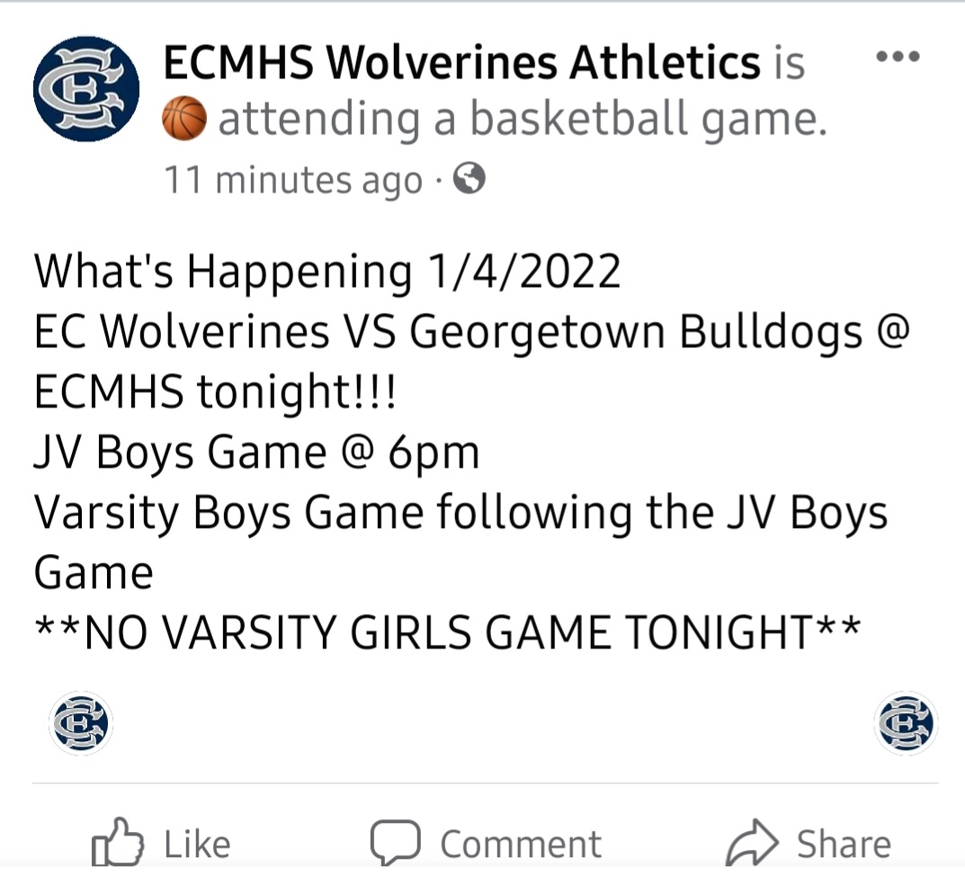 Updated information for our Basketball games tonight at East Clarendon Middle High!