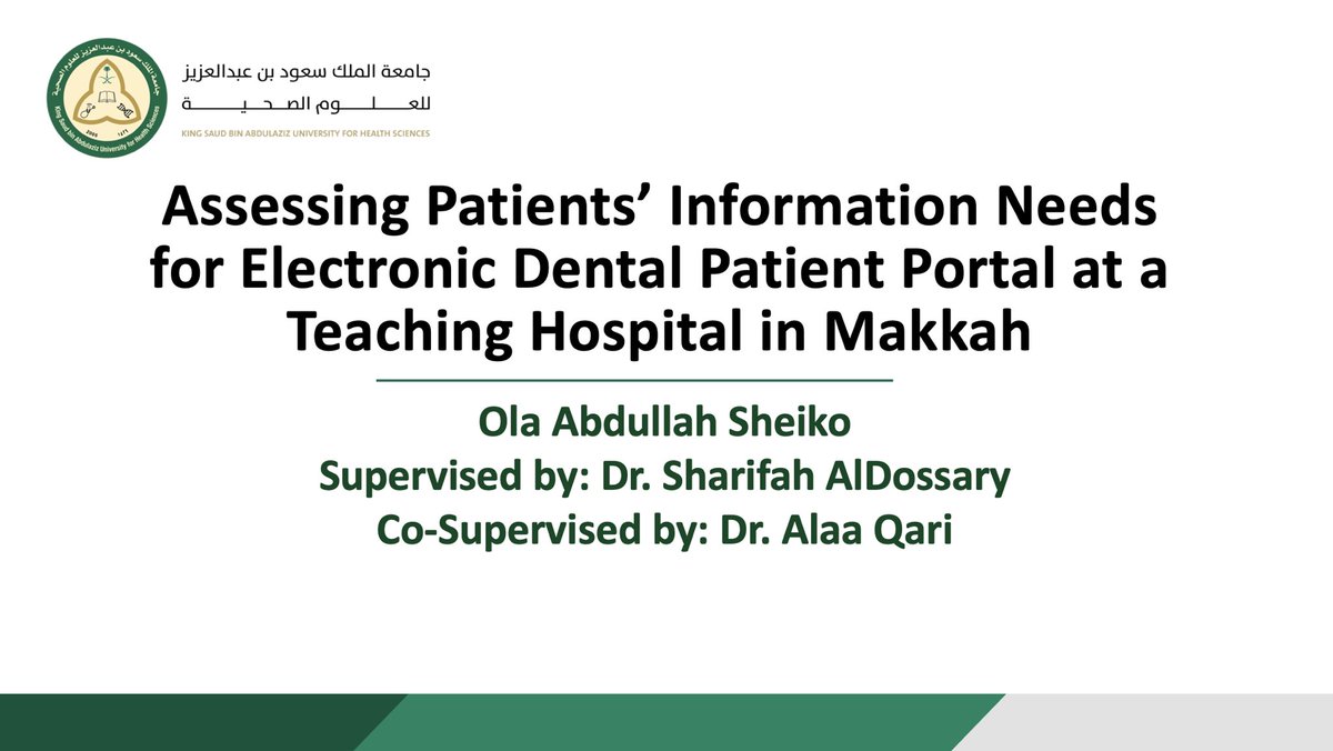 Sharifah_AD's tweet photo. Ms Ola Sheiko  @Loosha_as presented her research entitled “Assessing Patients’ Information Needs for Electronic Dental Patient Portal at a Teaching Hospital in Makkah” https://t.co/KHudTmdz0Y
