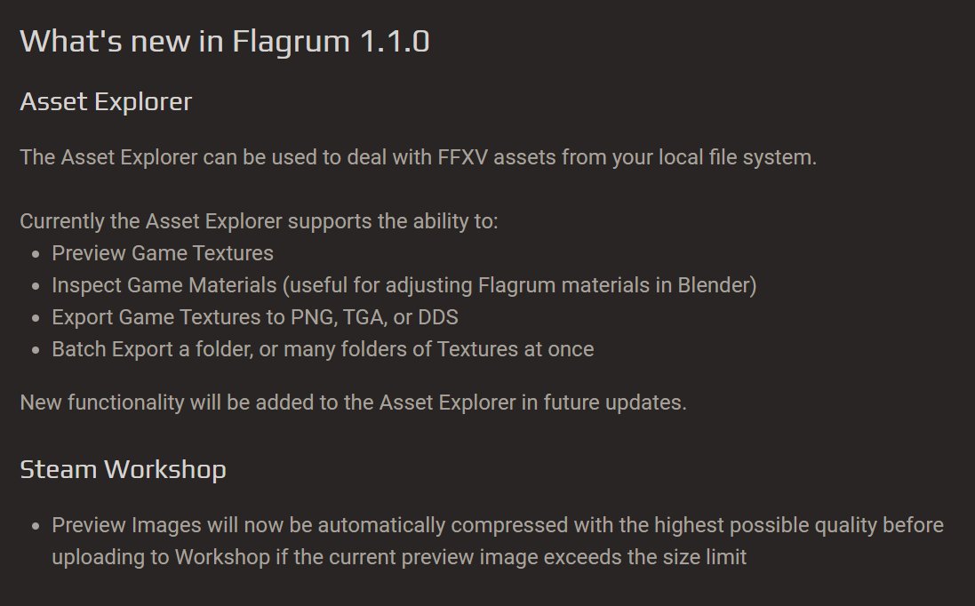 Flagrum 1.1.0 is out! It auto updates so all you need to do is open it, close and then open again to get the new version. Now supporting texture preview and conversion and previewing material values! No more need to use Noesis at all :) 
#FFXV #FFXVWindowsEdition #FFXVMOD