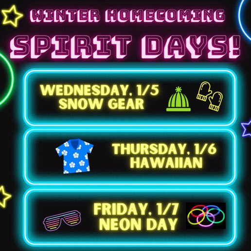 Spirit Days this week!! Don’t forget, tickets for the dance go on sale tomorrow during lunch for $5!