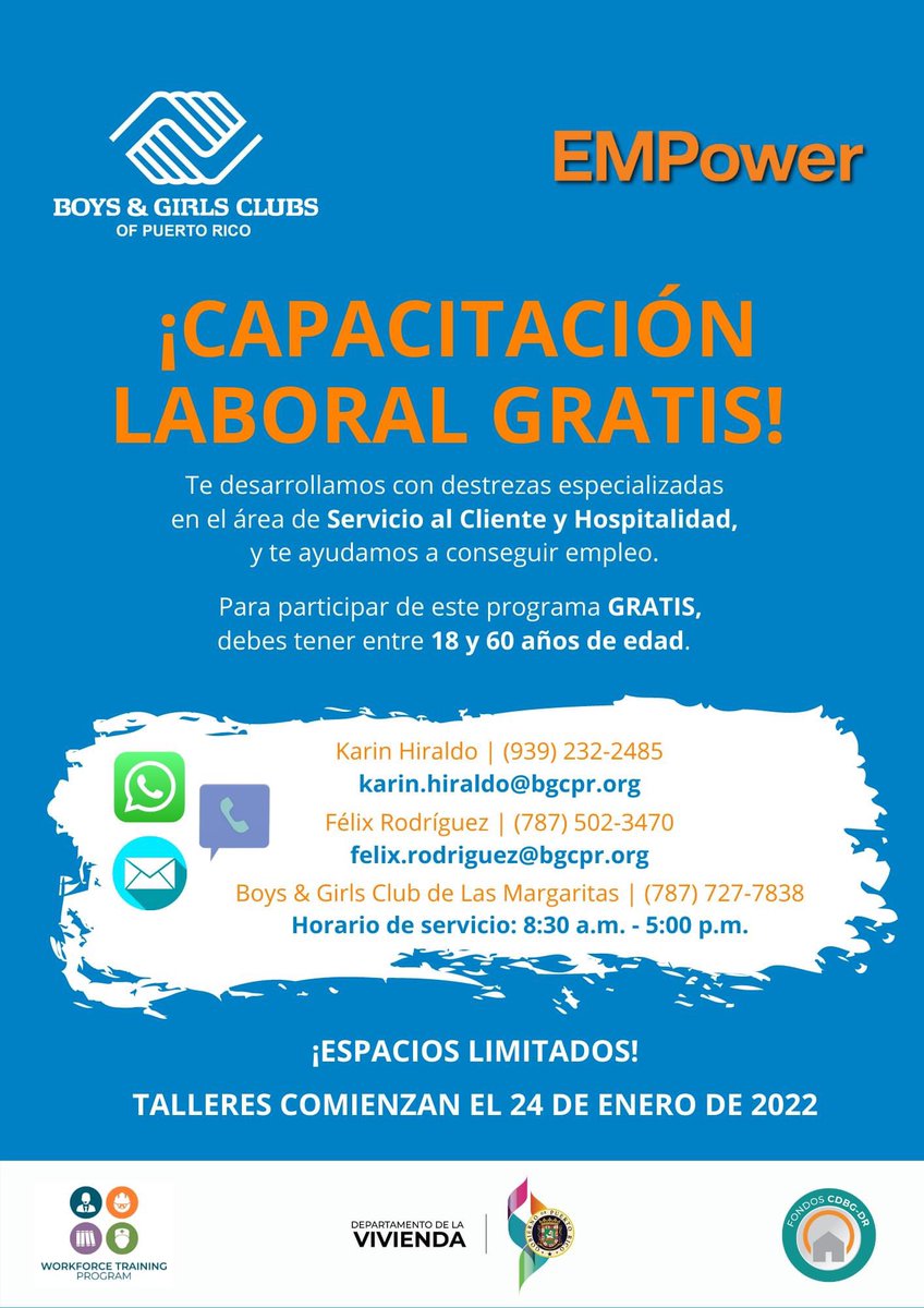 BGCPR's tweet photo. A través de nuestro programa EMPower, te capacitamos en áreas de demanda laboral y te ayudamos a conseguir empleo una vez completes los talleres.
Los próximos talleres comienzan el 24 de enero en nuestro Club de Las Margaritas. ¡Separa tu espacio!
#BGCPR #UnGranFuturo https://t.co/WMggHjeK6M