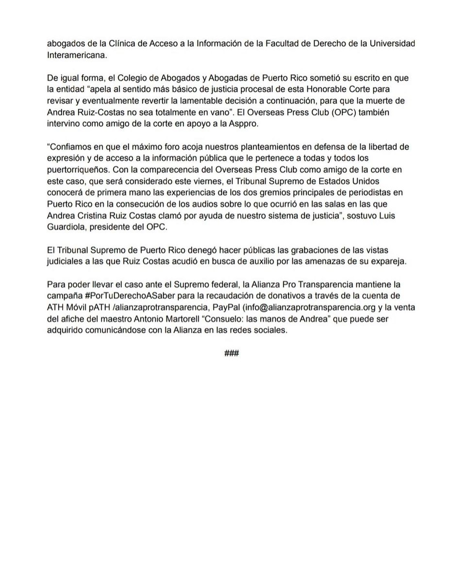 APTPuertoRico's tweet photo. 📌COMUNICADO DE PRENSA
En etapa determinante caso de Asppro ante Supremo federal para hacer públicas grabaciones en casos de Andrea Ruiz Costas. El máximo foro judicial tendrá una conferencia este viernes. 
#PorTuDerechoASaber #Transparencia #PesoAPesoPalSupremo
¡Dona hoy! https://t.co/majeuuTWj1