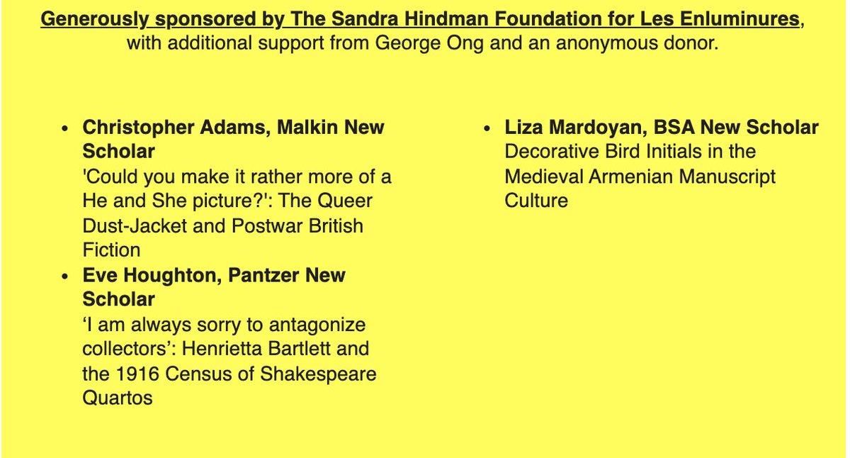 BibSocAmer's tweet photo. The New Scholars Program boosts the work of folks new to bibliography at our Annual Meeting. Join us @ #BSABibWeek22 for talks by Liza Mardoyan, Christopher Adams, & @serpentine_eve. #MedievalTwitter #queerbookhistory #fembib
Free Registration ➡️ https://t.co/x3LDxt0loO https://t.co/5YVtqo5PWm
