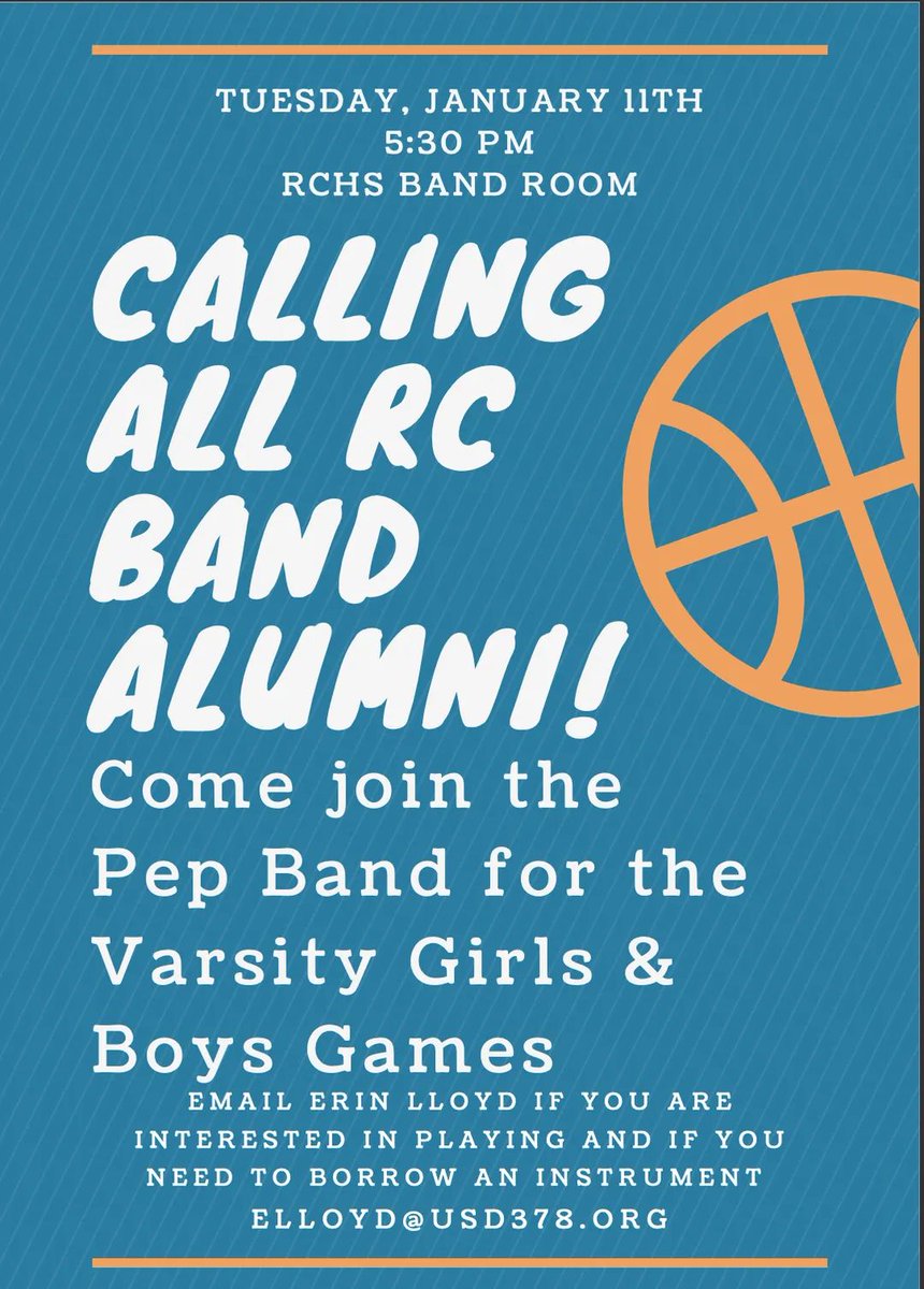 riley_band's tweet photo. RC Band Alumni! Dust off those instruments and join us for a basketball game Tuesday, January 11th! Email Erin Lloyd for more information, if you are interested in playing, or if you need to borrow an instrument! elloyd@usd378.org
@RileyCounty_HS https://t.co/kn82eGhGYR