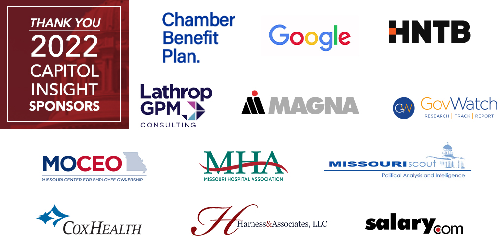 MissouriChamber's tweet photo. Today's #MoCapitolInsight Conference is brought to you by Chamber Benefit Plan, @Google, @HNTBCorp, @LathropGPMCons, @MagnaInt, @GovWatchLLC, Missouri Center for Employee Ownership, @MOHospitals, @missouriscout, @Coxhealth, Harness & Associates LLC & @Salary. Thank you! #MoLeg https://t.co/1tamg2hSyw