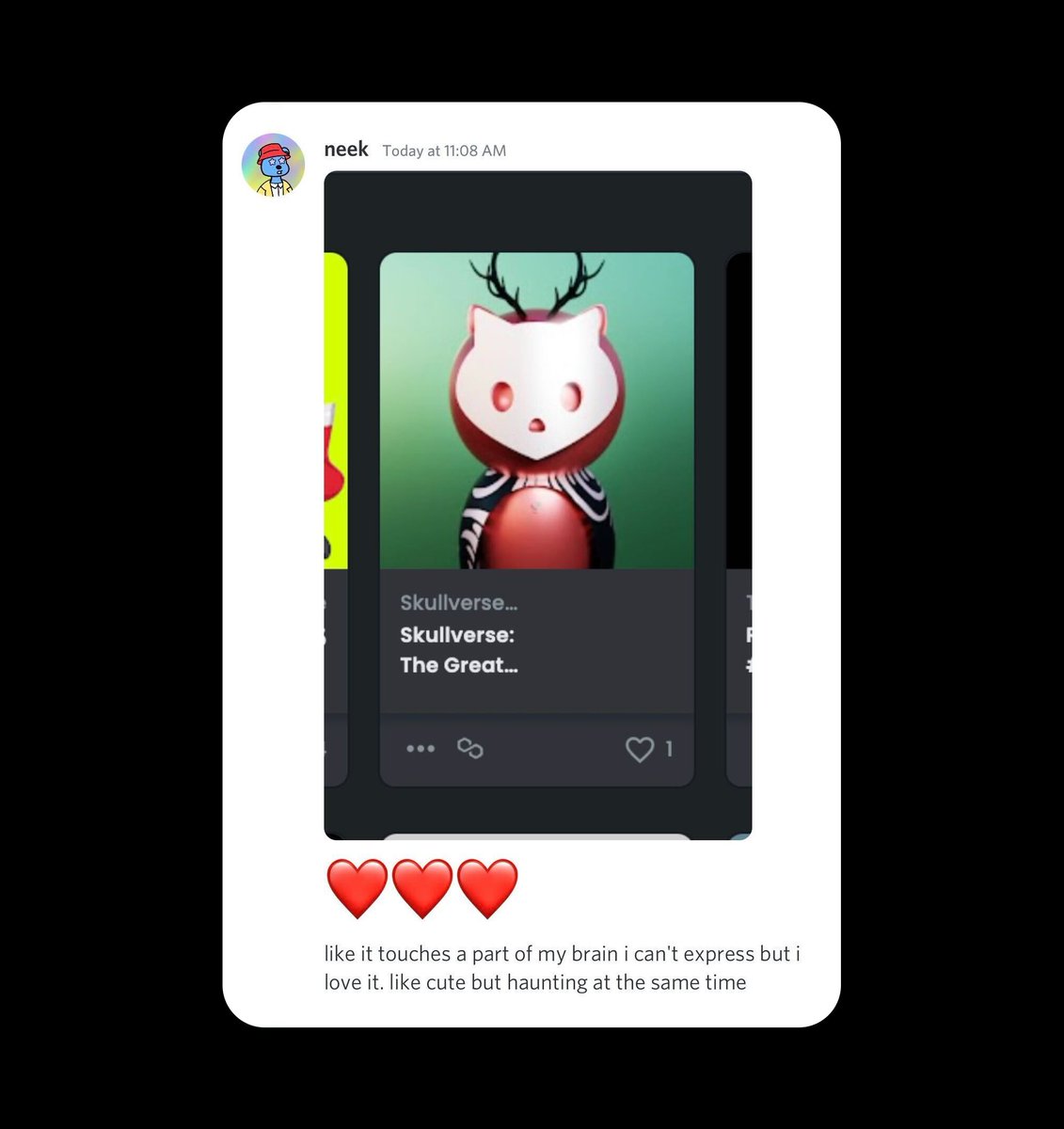 Skull_verse's tweet photo. We couldn't describe the Skullverse artwork any better: "like it touches a part of my brain I can't express but I love it. like cute but haunting at the same time"

Thank you @f1roo__cat.

#nft #NFTCommunity #nftart https://t.co/qo5apcRLNI