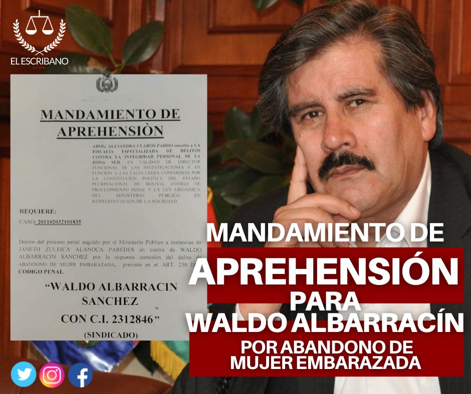 ElEscribano10's tweet photo. #Urgente 📌📳
Mandamiento de aprehensión para #WaldoAlbarracín, Ex Rector de la #UMSA y ex representante del #CONADE, por el delito de #abandono de mujer embarazada. 
#Bolivia #Noticias 
Síguenos en nuestras redes sociales para mantenerte informado 💬👉🌎🛰️🎤📲📸📰 https://t.co/WIpdqqjtcD