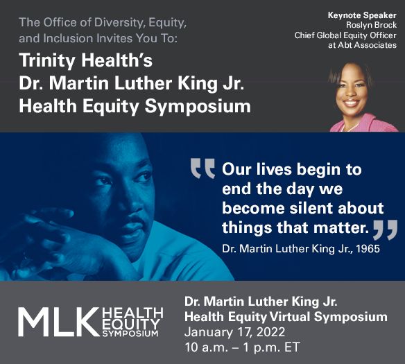 wearecalledus's tweet photo. Mark your calendar for the @TrinityHealthMI MLK Health Equity Symposium, a virtual event honoring Dr. Martin Luther King Jr. on Jan. 17. Speakers will focus on disrupting systems that create #HealthInequities. Learn more: https://t.co/szHct1M7ju #WeAreCalledUS https://t.co/LL5LgaCQBC