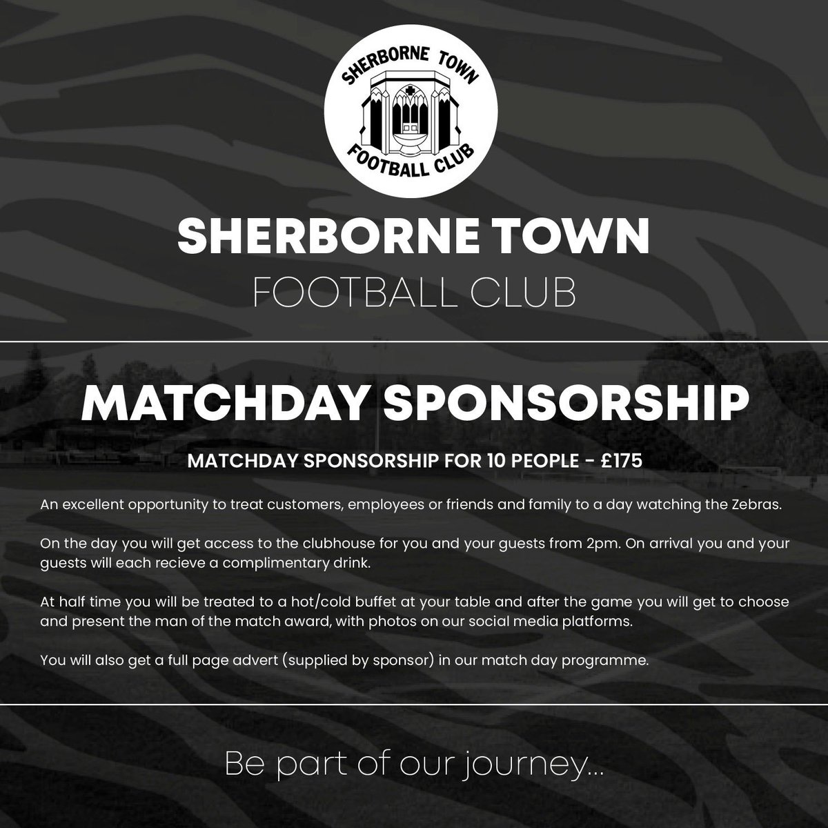 Sherborne Town FC (@sherbornetownfc) on Twitter photo This Saturdays home clash with <a href="/DevizesTownFC/">Devizes Town FC</a> has just become available for match sponsorship. If you are interested please DM us or contact sam.bowers@mjbowers.co.uk #BecomePartOfOurJourney #Zebras #Sherborne #Dorset #COYZ @TSWesternLeague <a href="/tswlfans/">Toolstation Western League Fans๐บ๐ฆ</a> <a href="/swsportsnews/">South West Sports News</a> <a href="/Abbey_104/">Abbey104</a> This Saturdays home clash with <a href="/DevizesTownFC/">Devizes Town FC</a> has just become available for match sponsorship. If you are interested please DM us or contact sam.bowers@mjbowers.co.uk #BecomePartOfOurJourney #Zebras #Sherborne #Dorset #COYZ @TSWesternLeague <a href="/tswlfans/">Toolstation Western League Fans๐บ๐ฆ</a> <a href="/swsportsnews/">South West Sports News</a> <a href="/Abbey_104/">Abbey104</a>