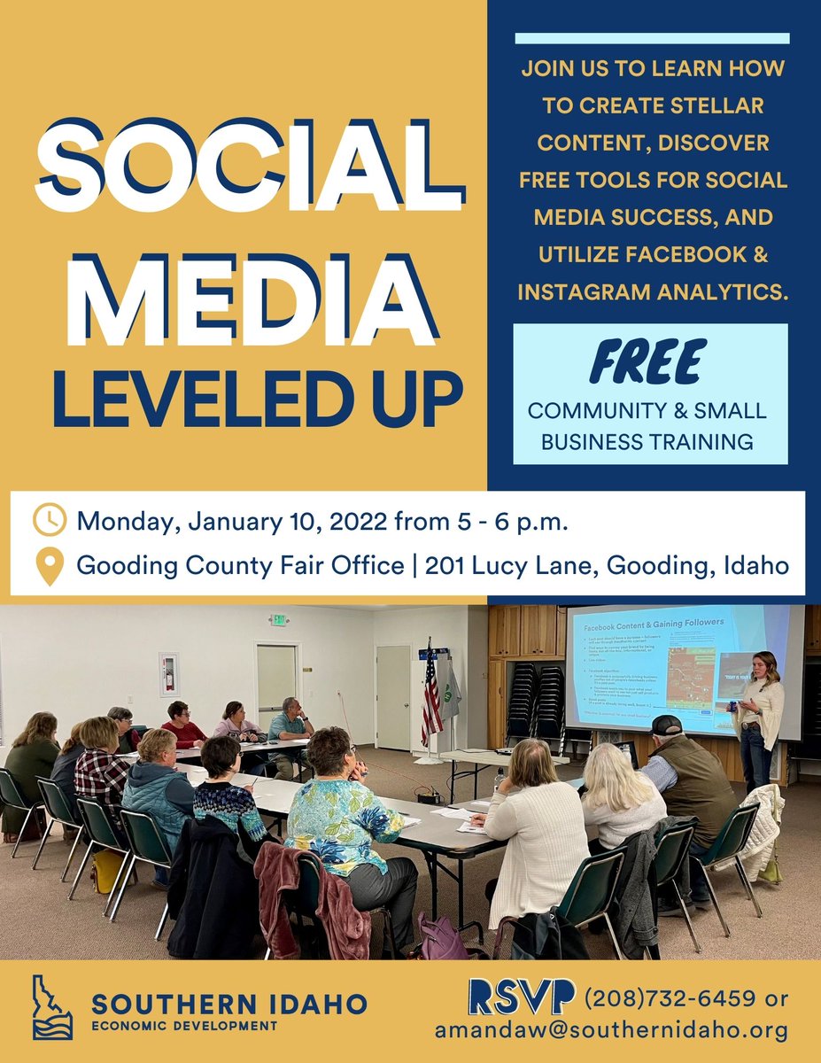 SouthernIdahoED's tweet photo. Join us in Gooding next week for Social Media Leveled Up! 🤠
Let's chat about the free tools out there to strengthen your social media marketing!

✔️ RSVP... (208)732-6459 or amandaw@southernidaho.org  
#SocialMediaTraining #MagicValleyStrong #GoodingIdaho #SupportSmallBusinesses https://t.co/DTPqJSS7L5