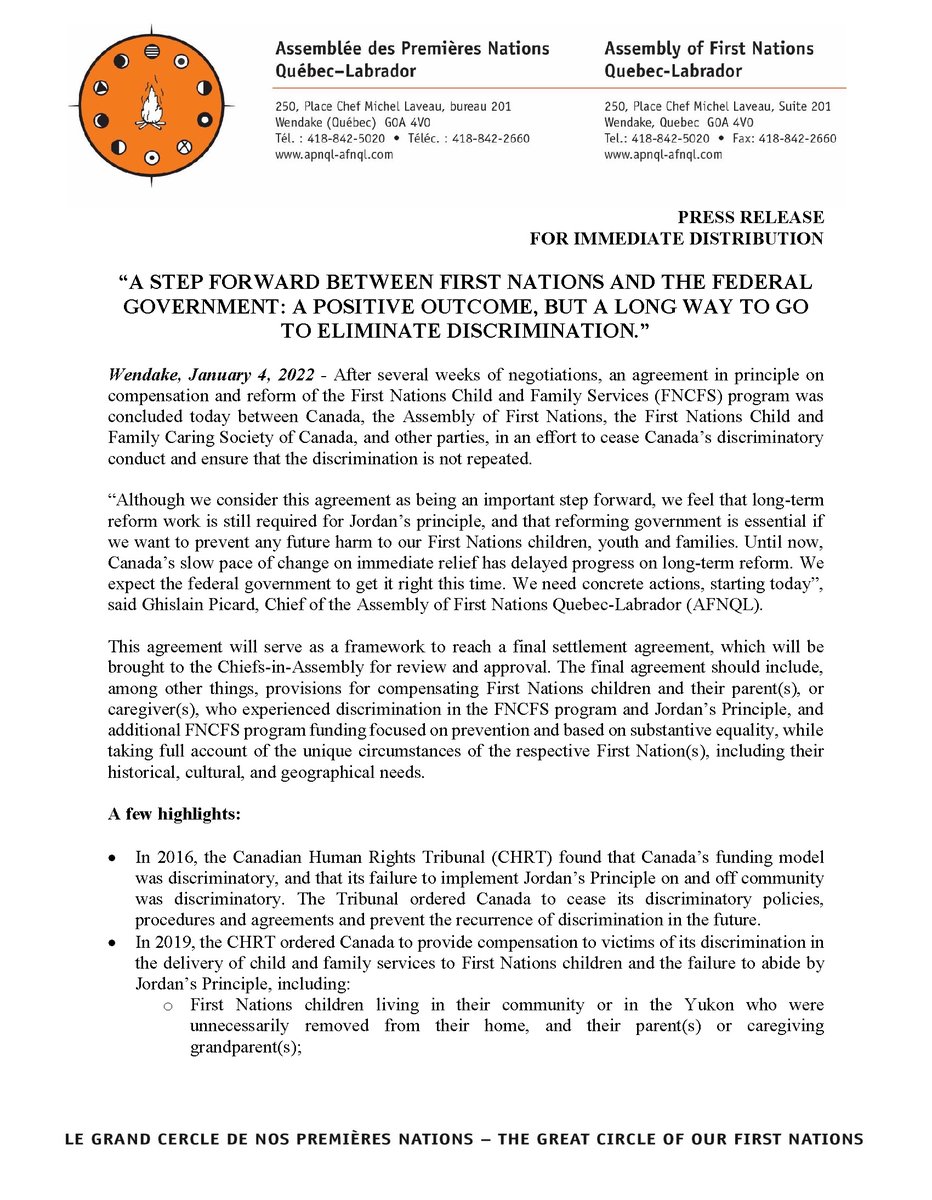 apnql's tweet photo. #AFNQL Press Release on an agreement in principle on compensation and reform of the #FirstNations #Child and #Family Services (FNCFS) program.

@picardghislain @CaringSociety #Indigenous #Culture #JordanPrinciple #Language #polcan #polqc @AFN_Updates https://t.co/Ek4oLYl67B