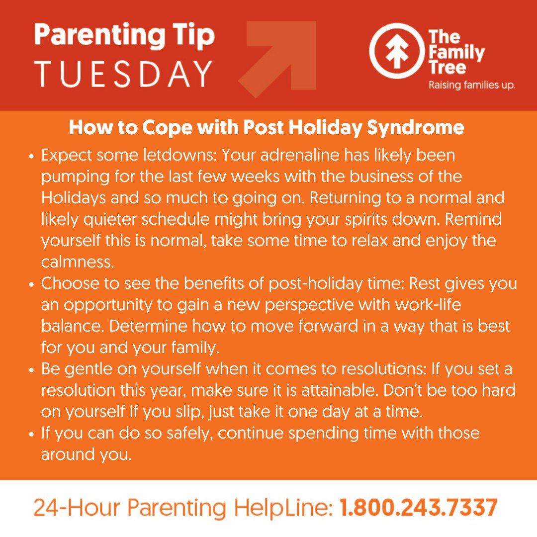 FamilyTreeMD's tweet photo. Sometime the post-holiday blues can take a big toll on you and your family. Here are some re-entry tips! Learn more: https://t.co/fhFDE2LsiF

#ParentingTipTuesday #Parenting #ParentingTips #Family #Holiday https://t.co/r7M3f7pAPY