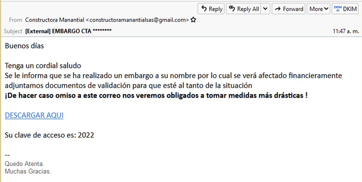 colCERT's tweet photo. ¡Alerta! ¡CUIDADO! campaña a través de correo con asunto "EMBARGO CUENTA" contiene una URL que descarga #malware y está siendo utilizado para infectar a usuarios y empresas para robar datos personales y financieros, IoCs ➡️ https://t.co/uqLP3YHVmz @mindefensa @CaiVirtual https://t.co/NsYUh3EhFR