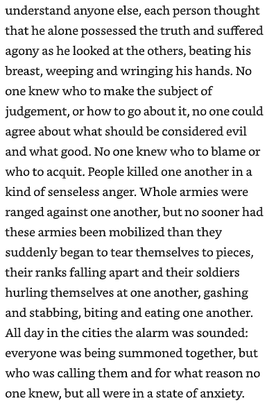 Raskolnikov's dream from the end of Crime and Punishment. One of the most amazing bits of the novel and feels terrifyingly prophetic somehow...