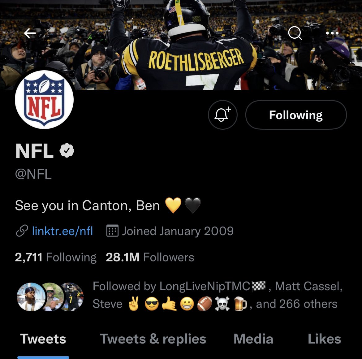 SteelersNetwork's tweet photo. The @NFL twitter page bio 💛🖤 https://t.co/mmFusYwt30