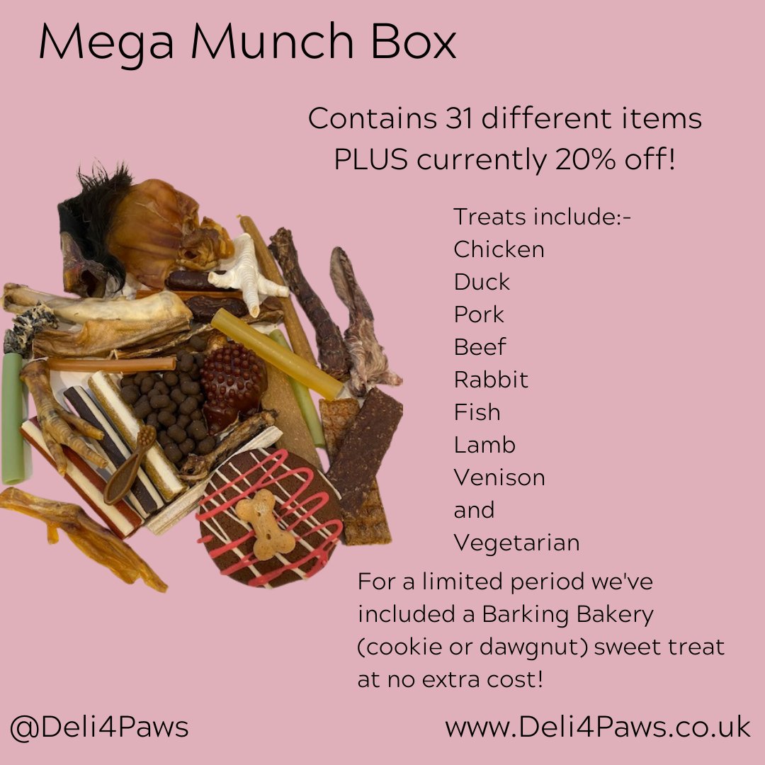 We've added extra treats for free to our Mega Munch box!

Visit Deli4Paws.co.uk to view our full range of cat and dog natural treats, gourmet snacks, hand baked dog bones &amp; biscuits as well as dog chocolate sweet treats.

Happiness in a box!

#Deli4Paws #Smallbizuk