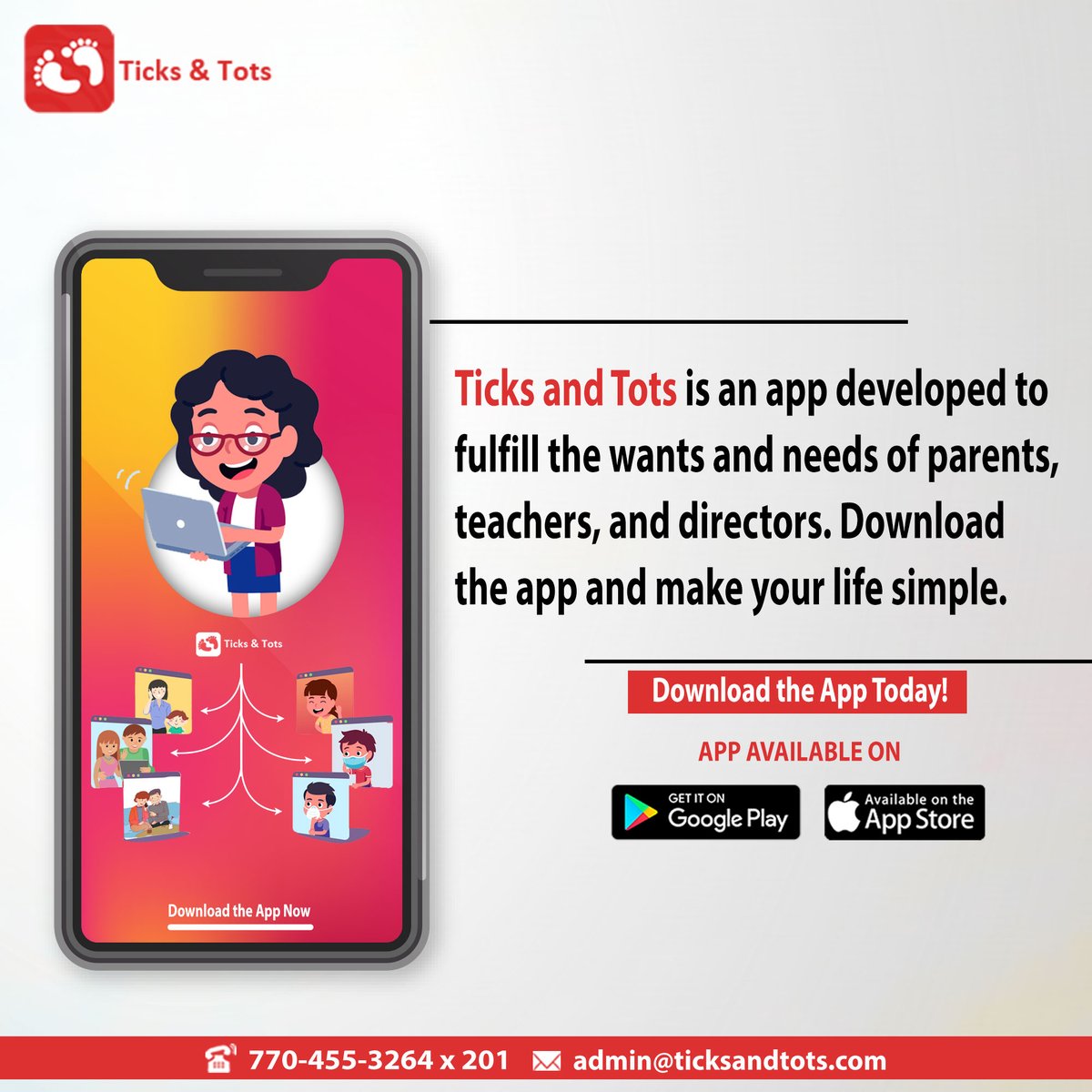 Ticks and Tots is a simple app designed to satisfy the needs of  #teachers, parents, and directors. Download the Ticks and Tots app which is now available on both android and IOS.
Register at:
ticksandtots.com/register/
.
#TicksandTots #Software #ParentTeacherSoftware #App #DayCare