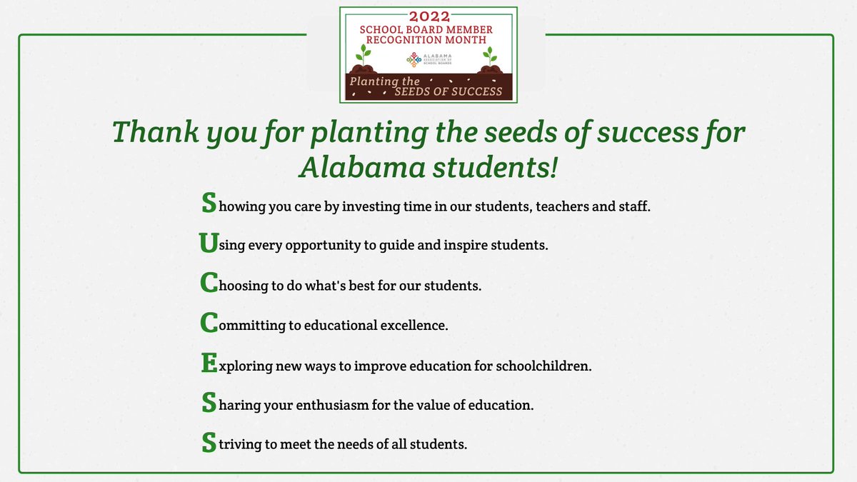 It's School Board Member Recognition Month! 🎉 Join us by thanking your local school board members for their guidance and commitment to planting the seeds of success for Alabama students! #ThanksBOE

Visit bit.ly/3HD1nh9 to download materials for #SchoolBoardMonth!