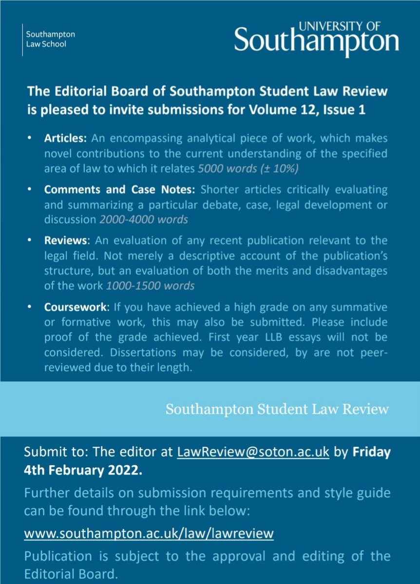 Reminder: One month left to get your submissions in for Volume 12. Email your articles, comments, case notes or reviews to lawreview@soton.ac.uk by Friday 4 February.