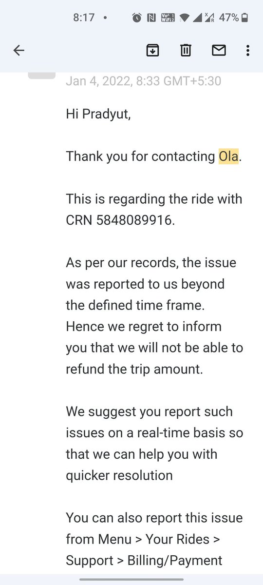 pradyut012's tweet photo. @ola_supports Ola driver asked extra money and ola not resolving the issue even after sending confirmation on last week that they will waived off the amount. Today,received update that I raised the issue beyond the time frame so they can't help. @jagograhakjago @consumerforum_ https://t.co/kD8o5t1u6M