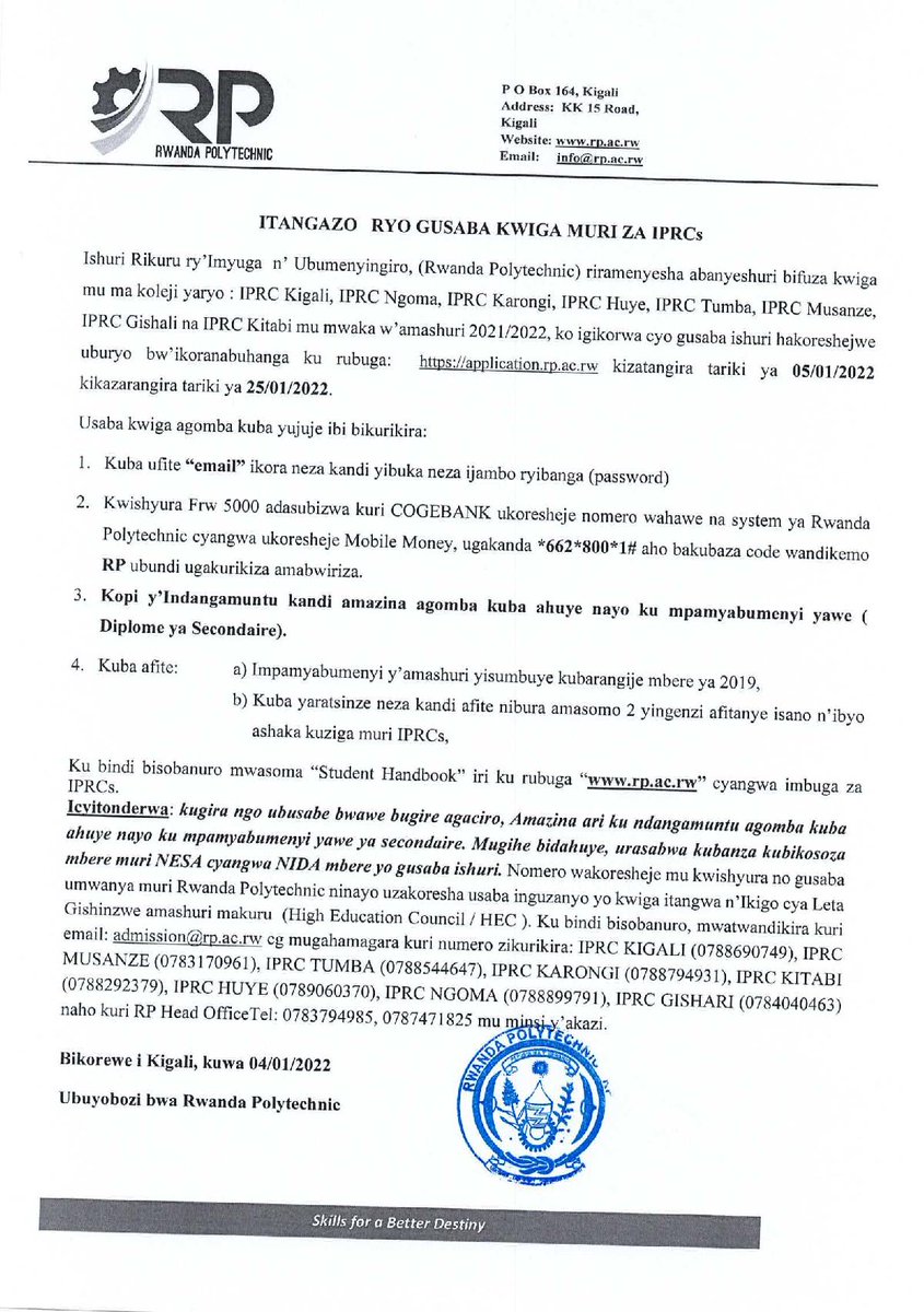 Rwanda Polytechnic (@rwandapolytec) on Twitter photo Itangazo ryo gusaba kwiga muri RP- IPRCS 2021-2022.
Iki gikorwa kizatangira tariki ya 5 Mutarama 2022 kirangire tariki ya 25 Mutarama 2022. Muhawe ikaze mu Ishuri Rikuru ry’u Rwanda ry’Imyuga n’Ubumenyingiro (Rwanda Polytechnic ). <a href="/jamesgashumba/">James Gashumba</a> Itangazo ryo gusaba kwiga muri RP- IPRCS 2021-2022.
Iki gikorwa kizatangira tariki ya 5 Mutarama 2022 kirangire tariki ya 25 Mutarama 2022. Muhawe ikaze mu Ishuri Rikuru ry’u Rwanda ry’Imyuga n’Ubumenyingiro (Rwanda Polytechnic ). <a href="/jamesgashumba/">James Gashumba</a>